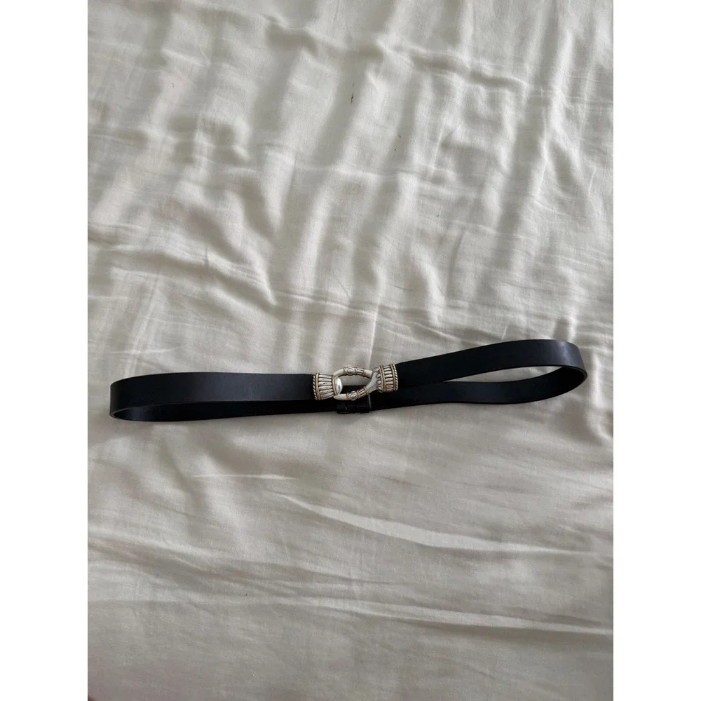 Chico's Black Leather Adjustable Belt Two Tone Buckle Women's Boho Western